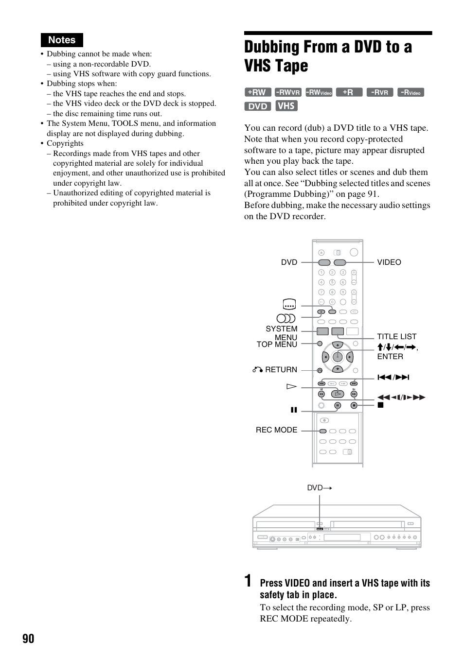 Dubbing from a dvd to a vhs tape | Sony RDR-VX420 User Manual | Page 90 / 132