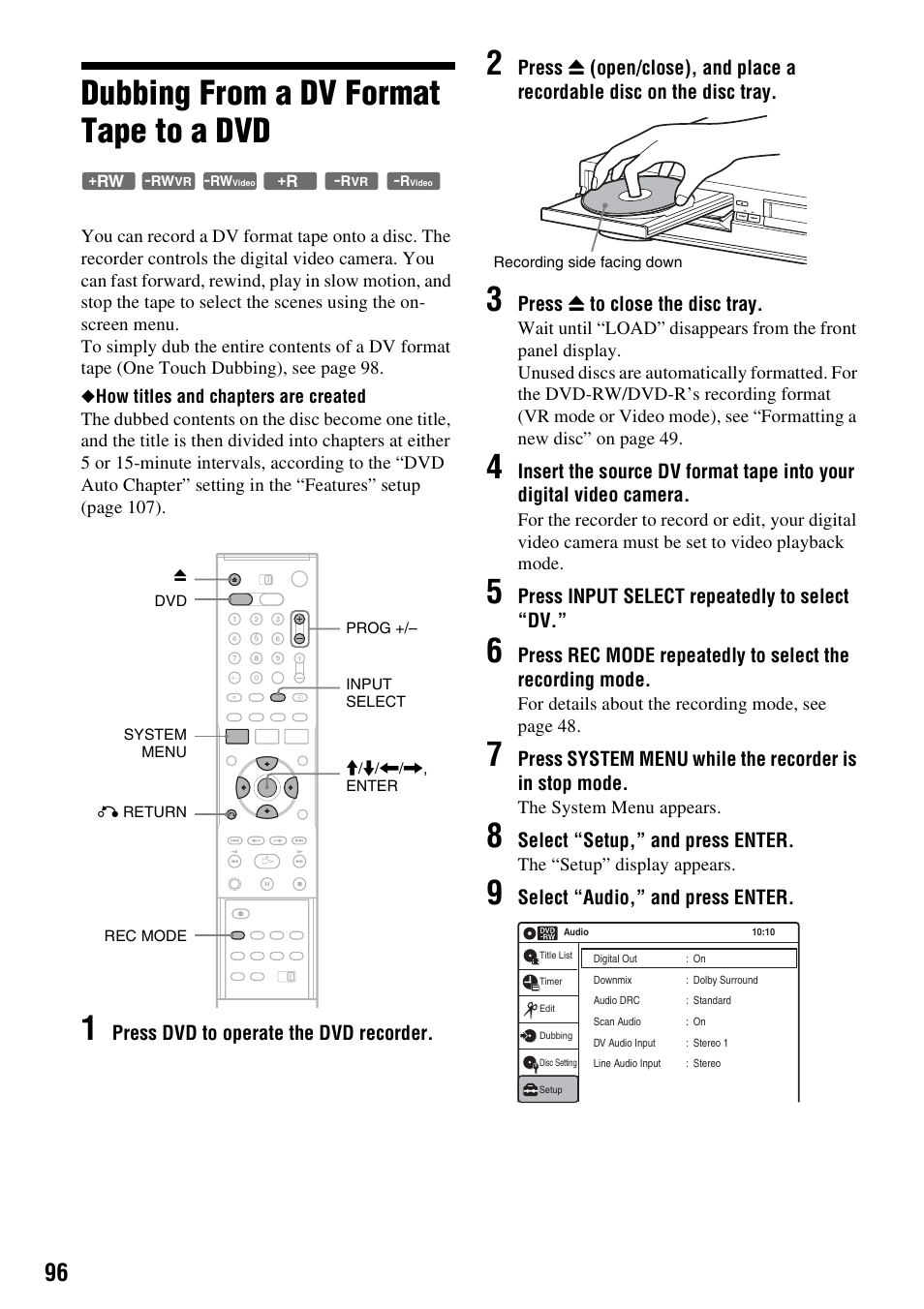 Dubbing from a dv format tape to a dvd | Sony RDR-VX420 User Manual | Page 96 / 132