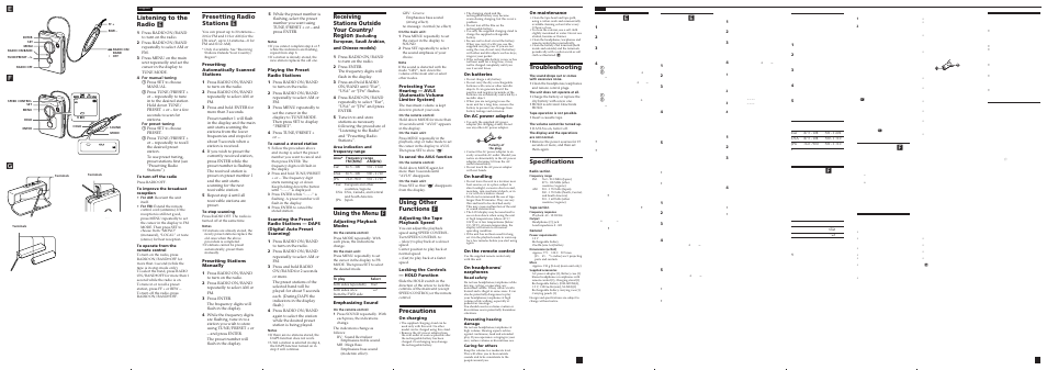 Ef g, Listening to the radio, Presetting radio stations | Using the menu, Using other functions, Precautions, Troubleshooting, Specifications, Receiving stations outside your country/ region, Presetting automatically scanned stations | Sony Radio Cassette Player WM-FX890 User Manual | Page 2 / 2