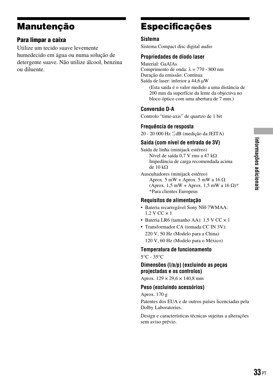 Manutenção, Especificações, Manutenção especiﬁcações | Especiﬁcações | Sony D-NE520 User Manual | Page 101 / 103