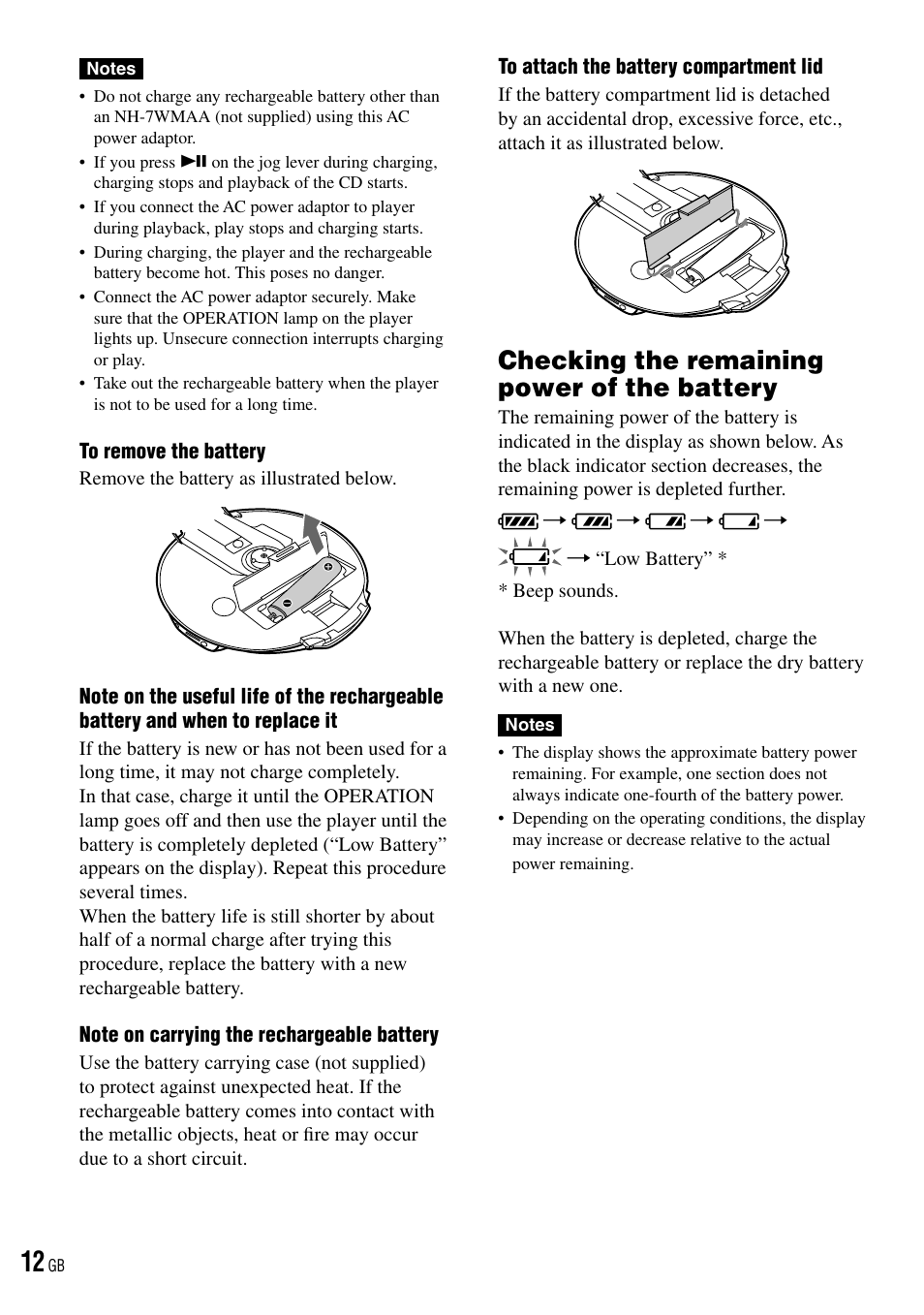 Checking the remaining power of the battery, Checking the remaining power of the, Battery | Sony D-NE520 User Manual | Page 12 / 103