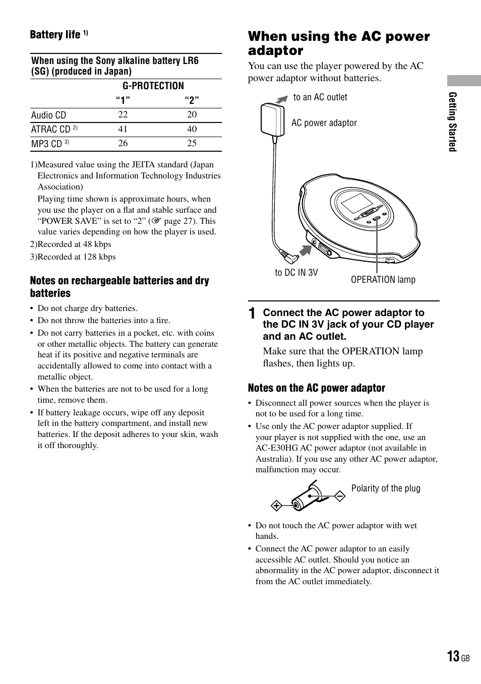When using the ac power adaptor | Sony D-NE520 User Manual | Page 13 / 103