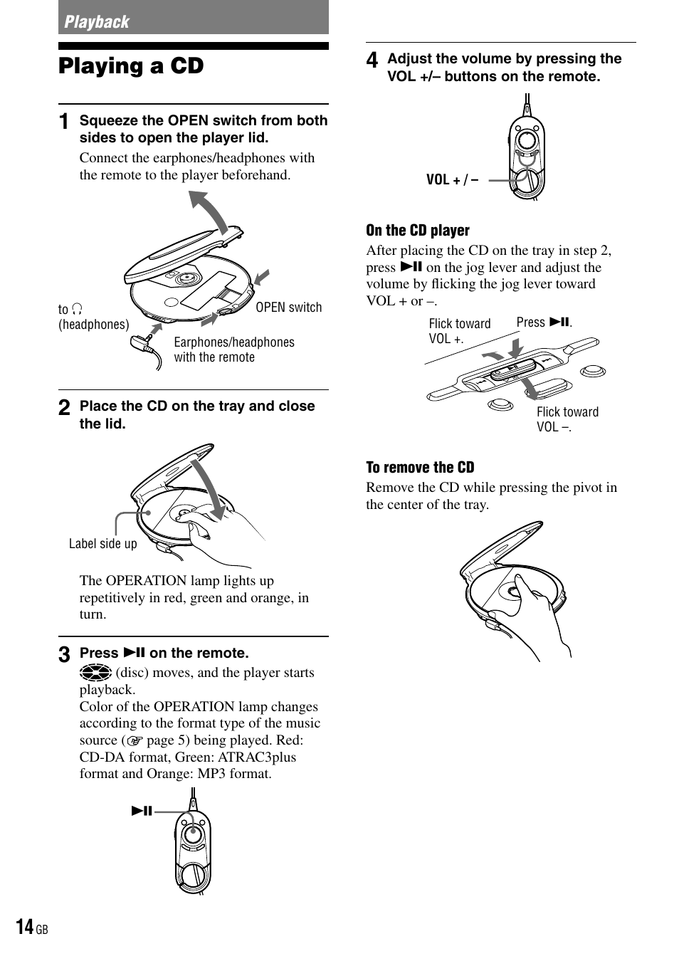 Playback, Playing a cd, Playing a cd 1 | Sony D-NE520 User Manual | Page 14 / 103