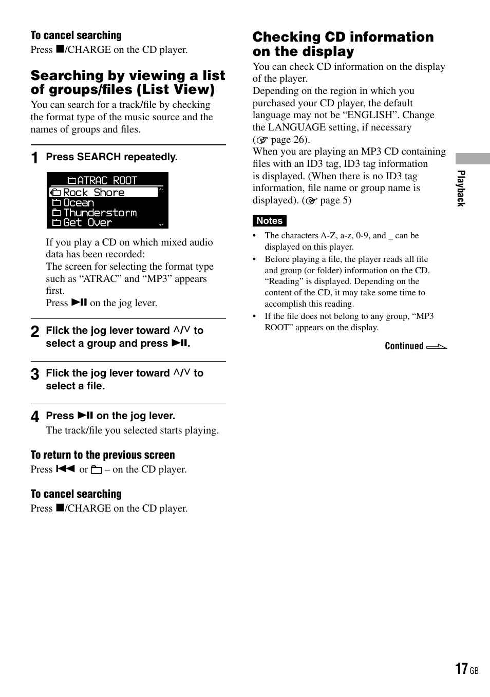 Checking cd information on the display, Searching by viewing a list of groups/ﬁles, List view) | Checking cd information on the, Display | Sony D-NE520 User Manual | Page 17 / 103