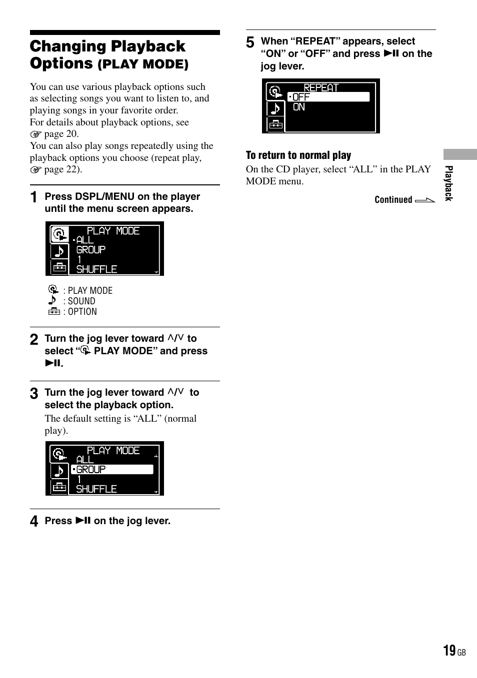 Changing playback options (play mode), Changing playback options | Sony D-NE520 User Manual | Page 19 / 103
