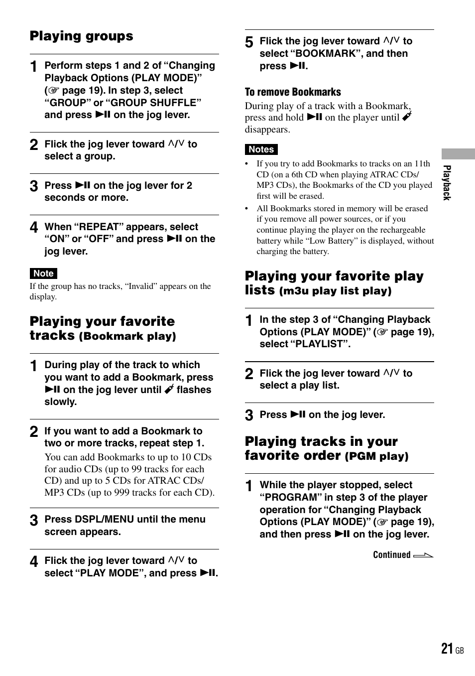 Playing groups, Playing your favorite tracks (bookmark play), Playing tracks in your favorite order (pgm play) | Playing groups playing your favorite tracks, Bookmark play), Playing your favorite play lists, M3u play list play), Playing tracks in your favorite order, Pgm play), Playing your favorite tracks | Sony D-NE520 User Manual | Page 21 / 103