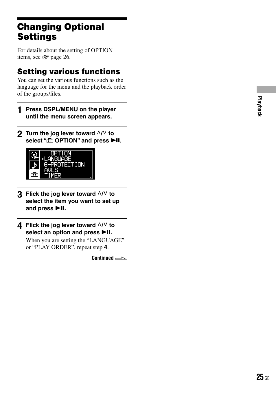 Changing optional settings, Setting various functions | Sony D-NE520 User Manual | Page 25 / 103