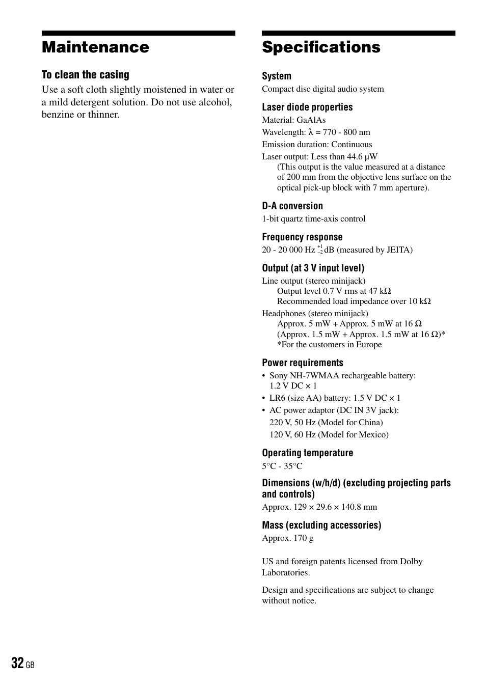 Maintenance, Specifications, Maintenance speciﬁcations | Speciﬁcations | Sony D-NE520 User Manual | Page 32 / 103