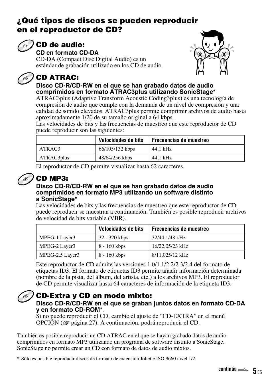 Qué tipos de discos se pueden reproducir, En el reproductor de cd, Cd de audio | Cd atrac, Cd mp3, Cd-extra y cd en modo mixto | Sony D-NE520 User Manual | Page 39 / 103