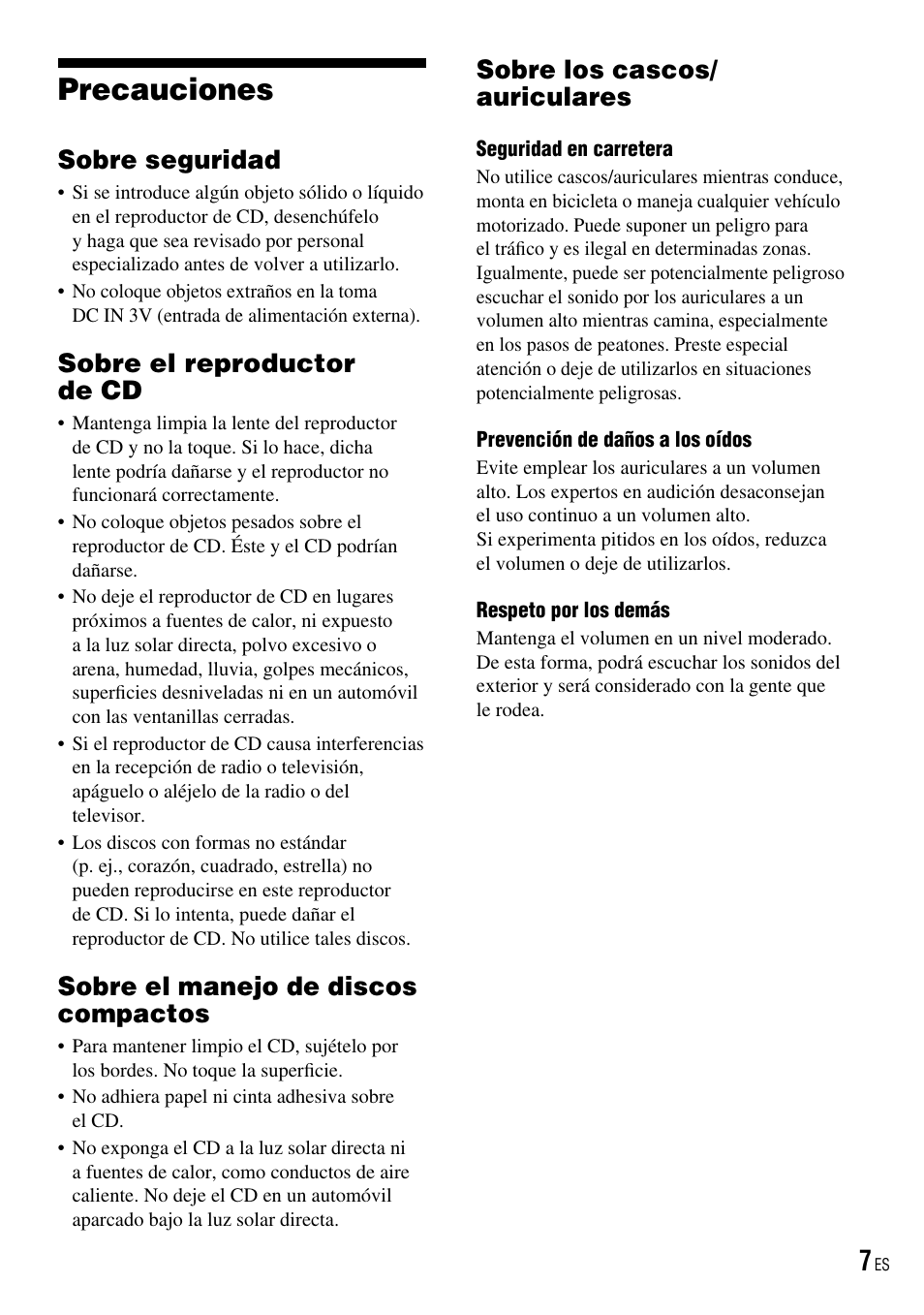 Precauciones, Sobre seguridad, Sobre el reproductor de cd | Sobre el manejo de discos compactos, Sobre los cascos/auriculares, Sobre los cascos/ auriculares | Sony D-NE520 User Manual | Page 41 / 103