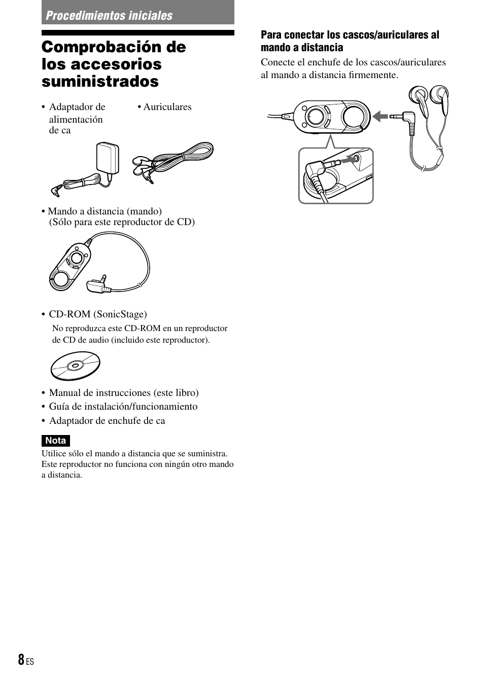 Procedimientos iniciales, Comprobación de los accesorios suministrados, Comprobación de los accesorios | Suministrados | Sony D-NE520 User Manual | Page 42 / 103