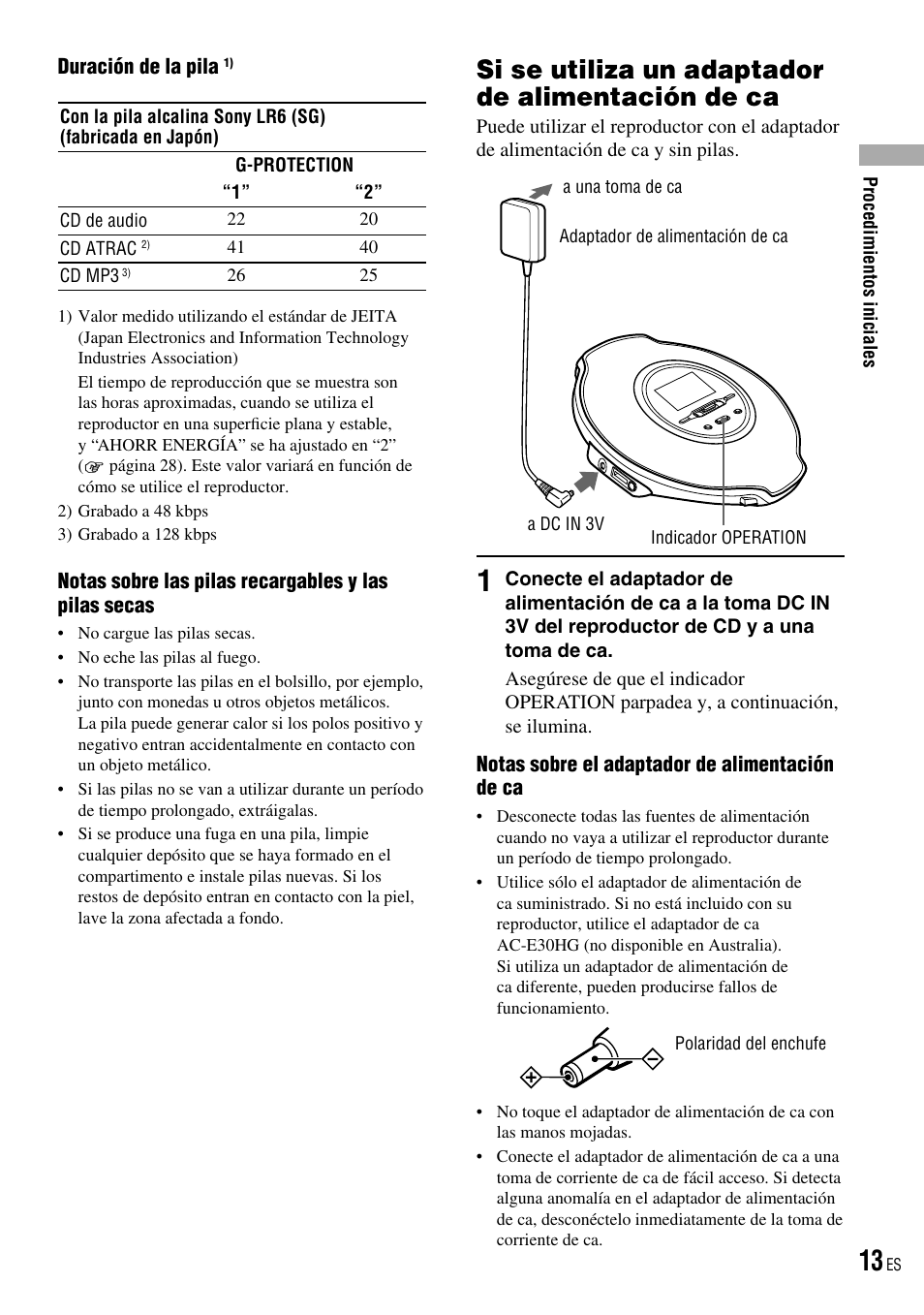 Si se utiliza un adaptador de alimentación de ca, Si se utiliza un adaptador de alimentación, De ca | Sony D-NE520 User Manual | Page 47 / 103