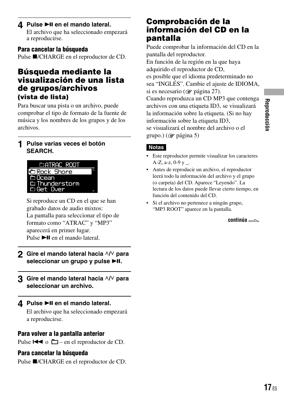 Búsqueda mediante la visualización de una, Lista de grupos/archivos (vista de lista), Comprobación de la información del cd en | La pantalla | Sony D-NE520 User Manual | Page 51 / 103
