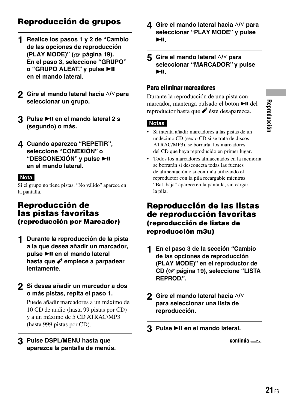Reproducción de grupos, Reproducción por marcador), Reproducción de las listas de reproducción | Favoritas (reproducción de listas de, Reproducción m3u), Reproducción de las pistas favoritas | Sony D-NE520 User Manual | Page 55 / 103