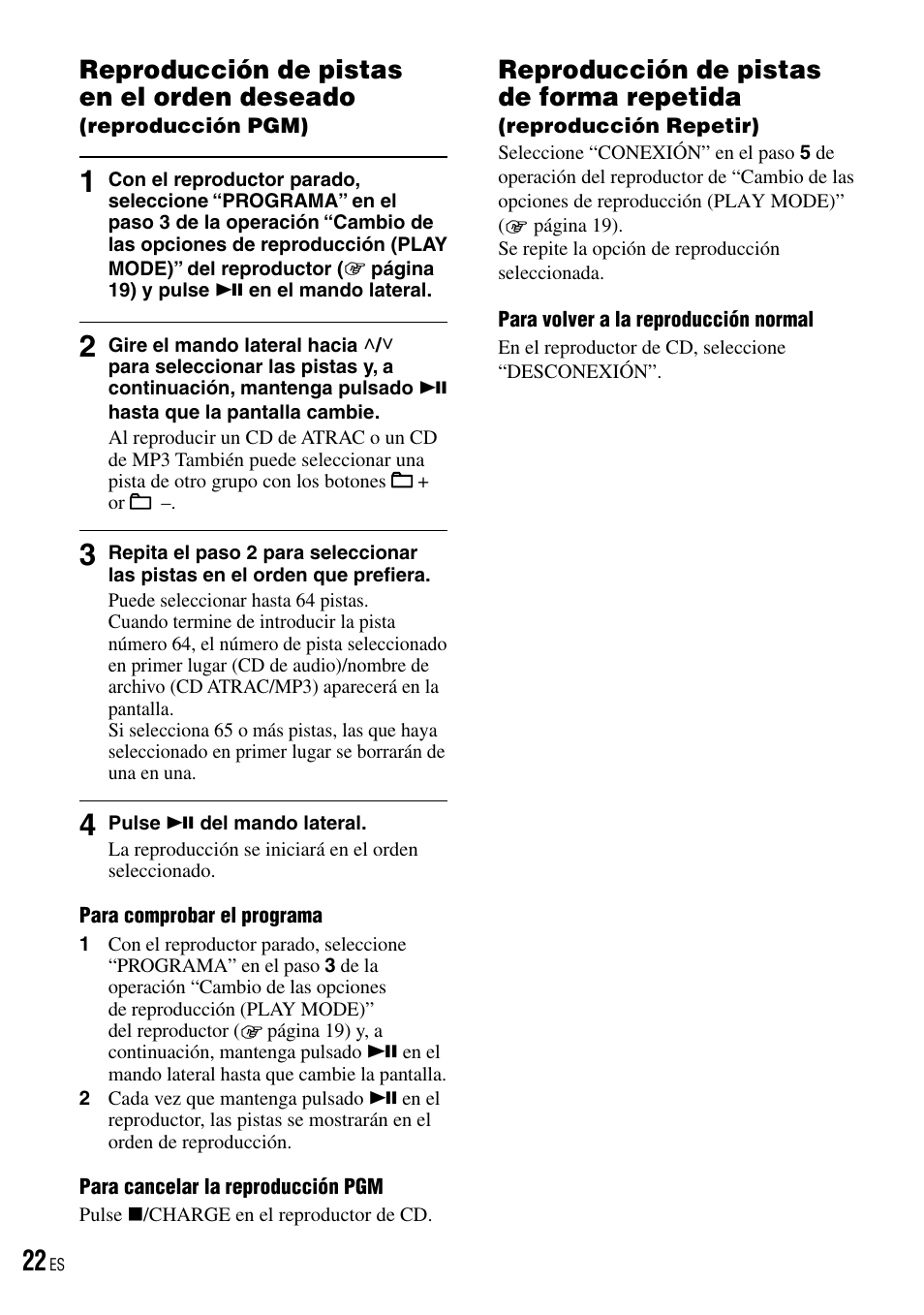 Reproducción de pistas en el orden deseado, Reproducción pgm), Reproducción de pistas de forma repetida | Reproducción repetir) | Sony D-NE520 User Manual | Page 56 / 103