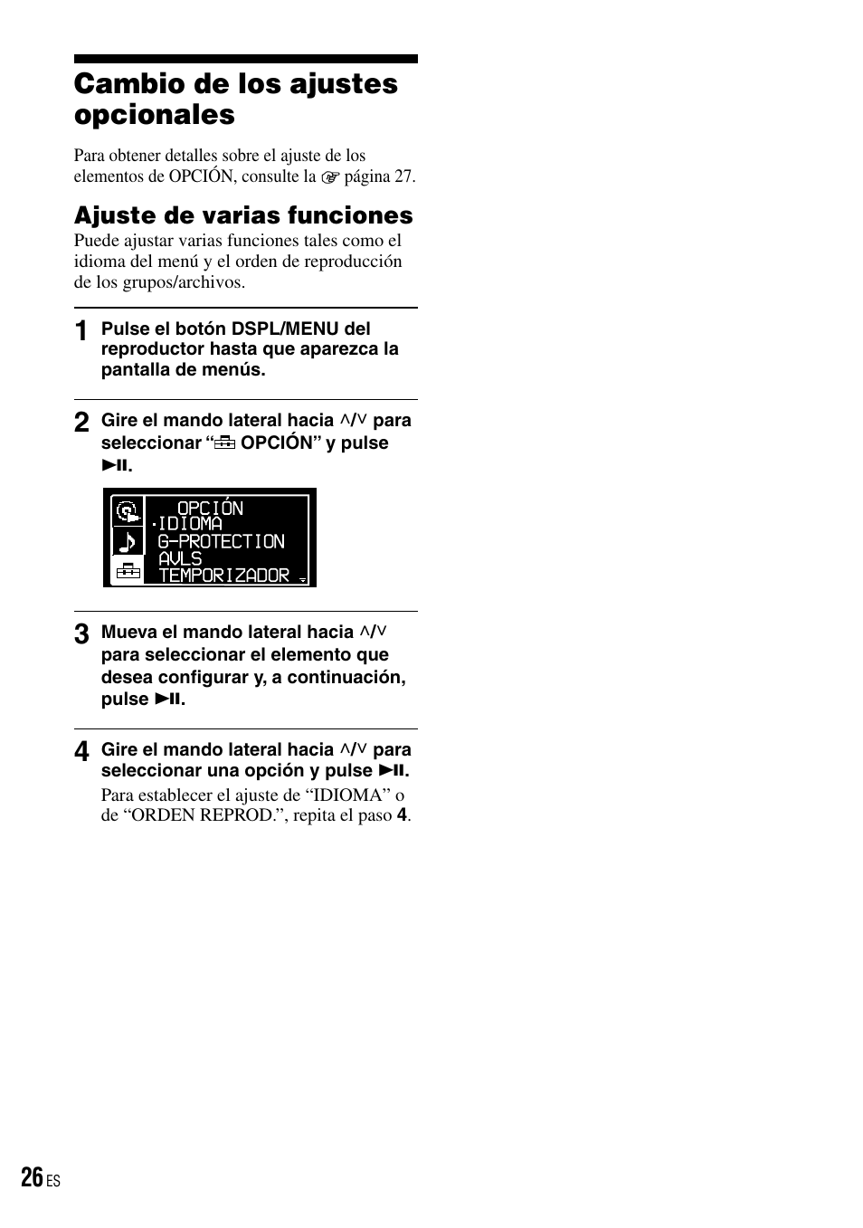 Cambio de los ajustes opcionales, Ajuste de varias funciones | Sony D-NE520 User Manual | Page 60 / 103