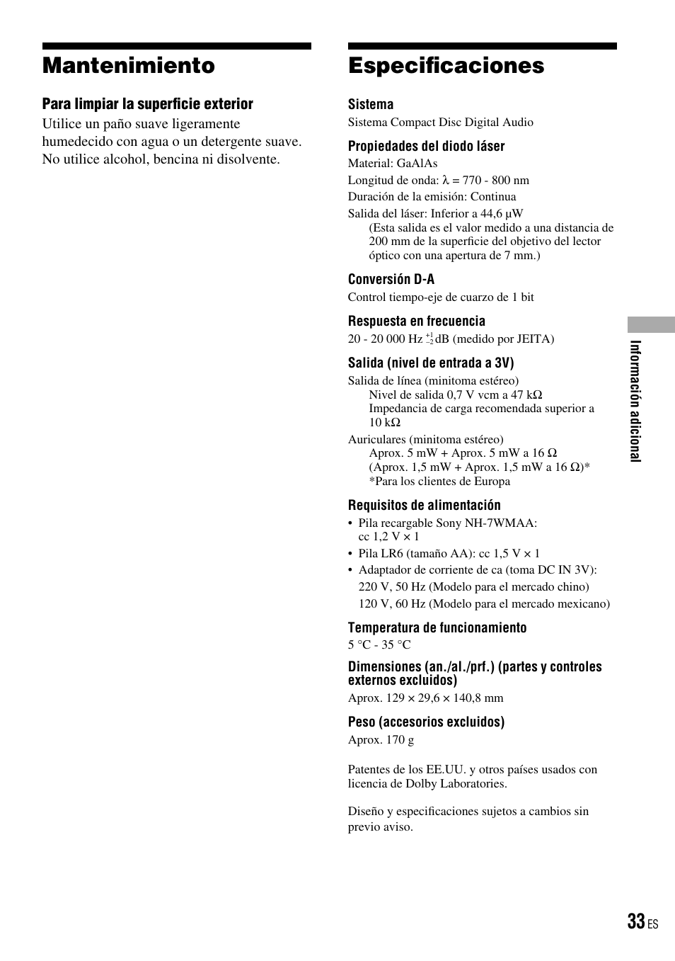 Mantenimiento, Especificaciones, Mantenimiento especiﬁcaciones | Especiﬁcaciones | Sony D-NE520 User Manual | Page 67 / 103