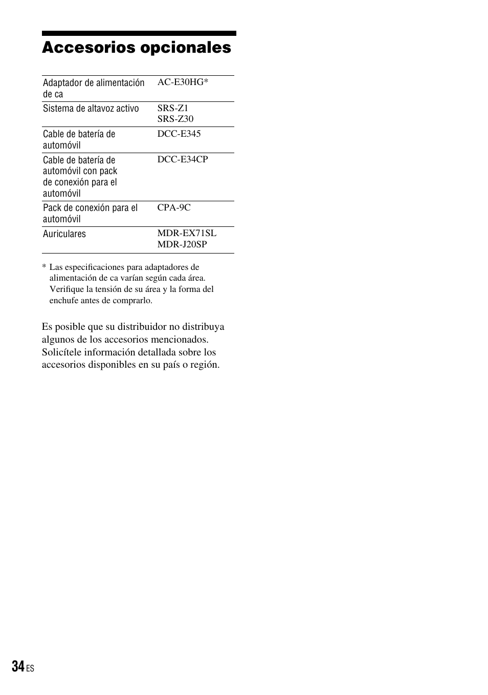 Accesorios opcionales | Sony D-NE520 User Manual | Page 68 / 103