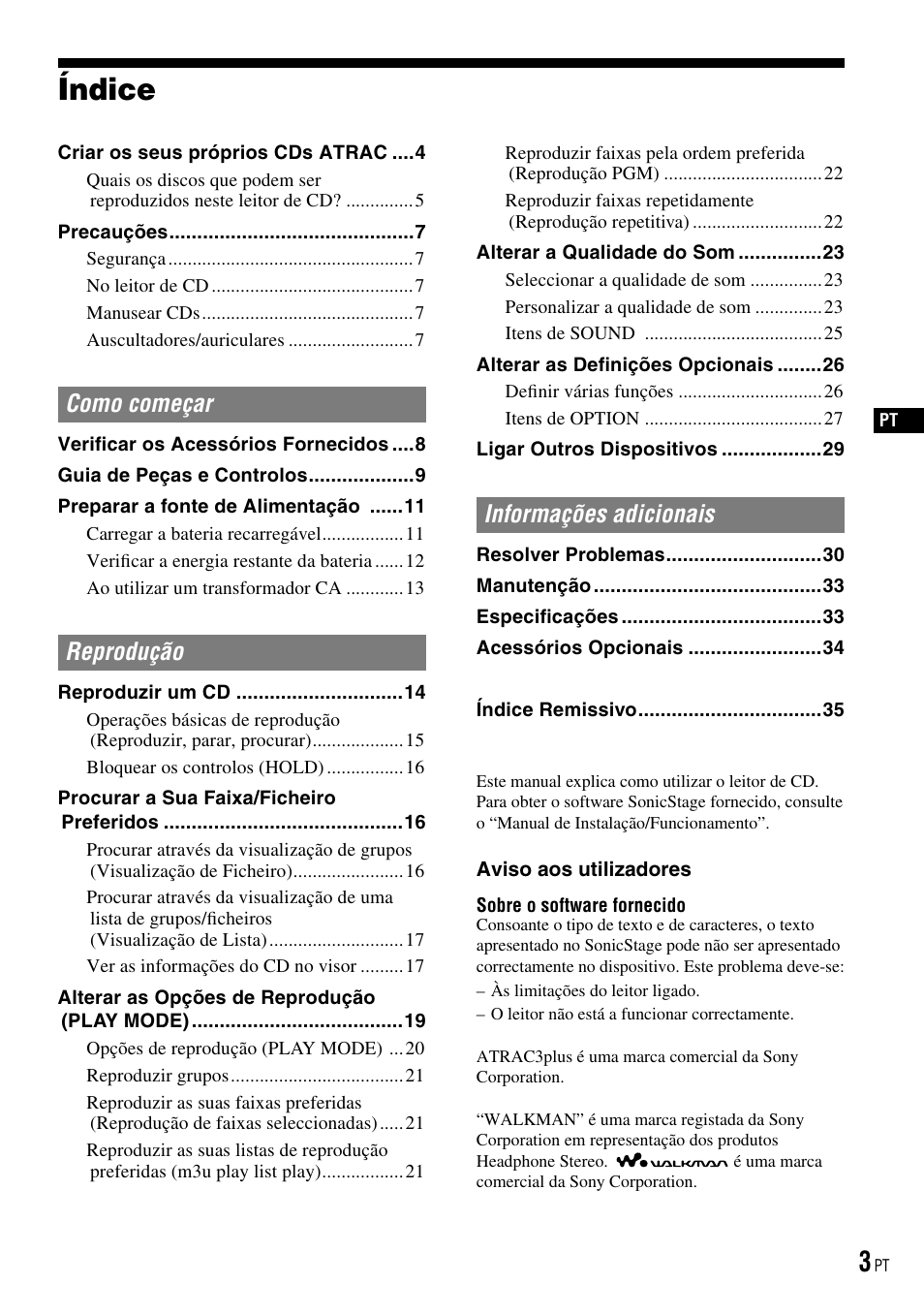 Índice, Como começar, Reprodução | Informações adicionais | Sony D-NE520 User Manual | Page 71 / 103