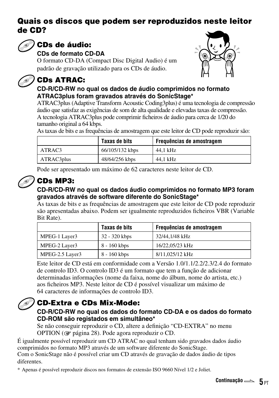 Quais os discos que podem ser, Reproduzidos neste leitor de cd, Cds de áudio | Cds atrac, Cds mp3, Cd-extra e cds mix-mode | Sony D-NE520 User Manual | Page 73 / 103