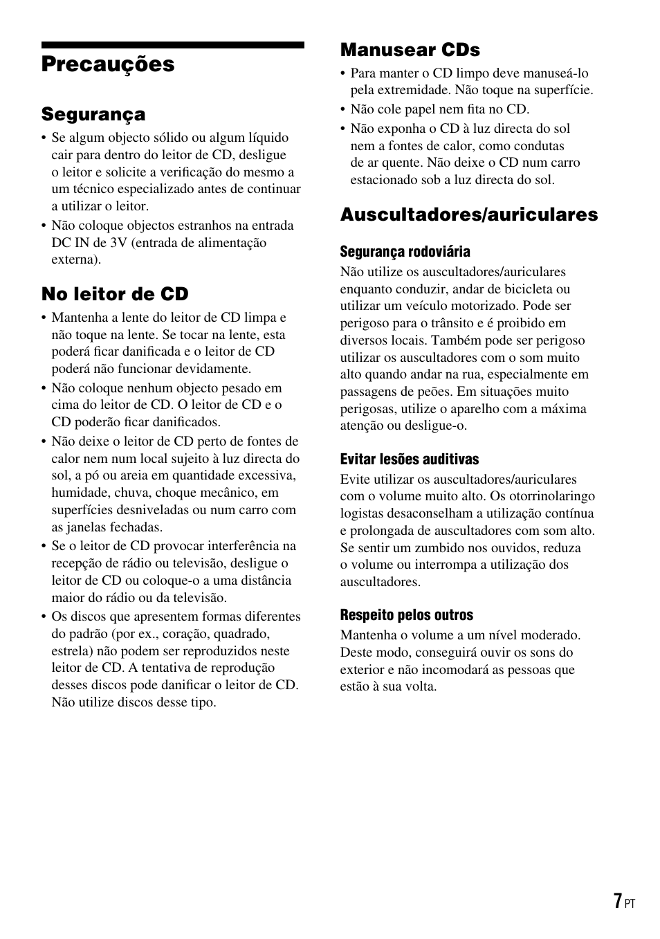 Precauções, Segurança, No leitor de cd | Manusear cds, Auscultadores/auriculares | Sony D-NE520 User Manual | Page 75 / 103