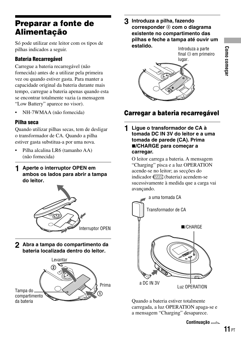Preparar a fonte de alimentação, Carregar a bateria recarregável | Sony D-NE520 User Manual | Page 79 / 103