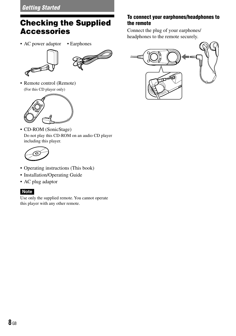 Getting started, Checking the supplied accessories | Sony D-NE520 User Manual | Page 8 / 103