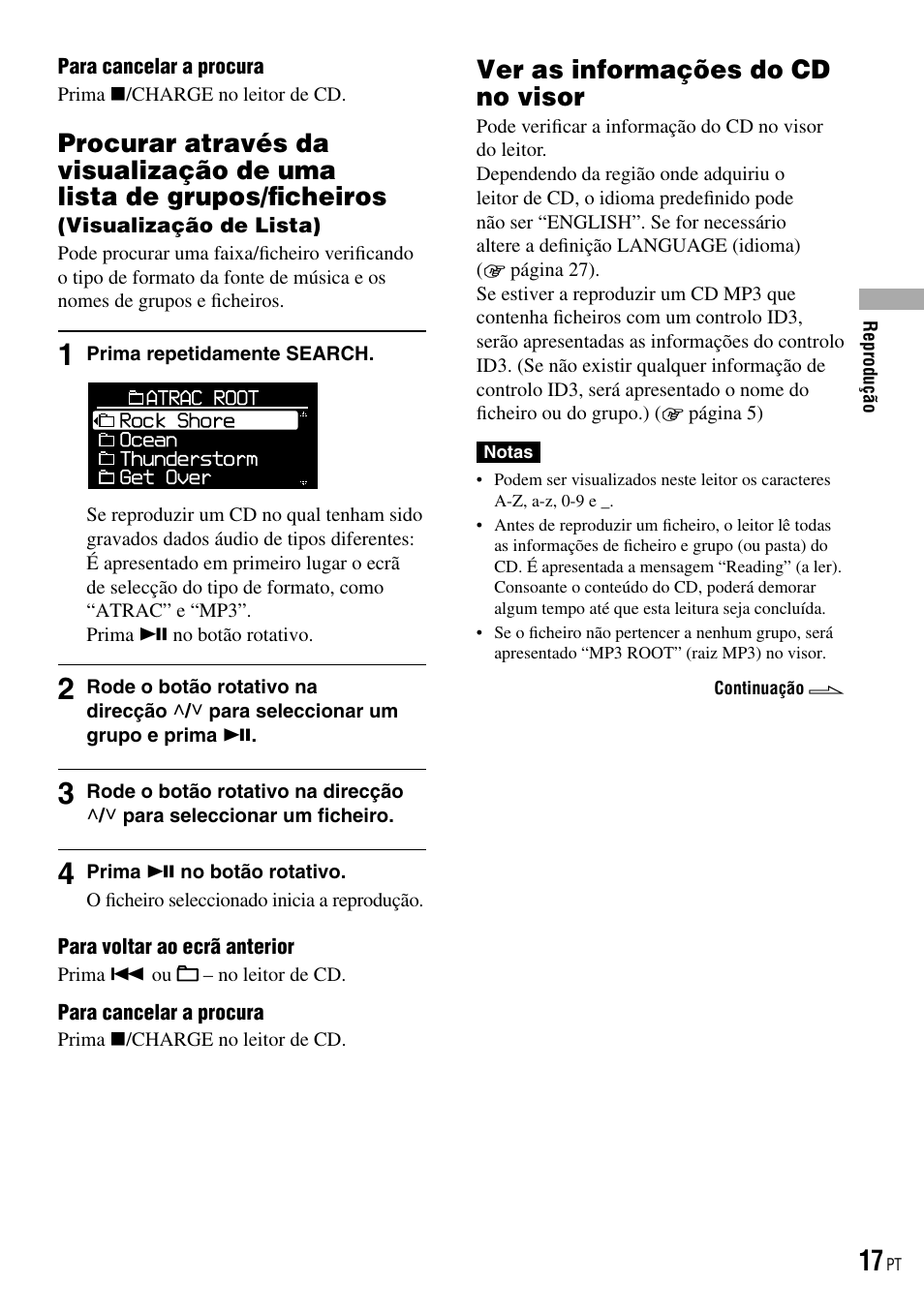 Ver as informações do cd no visor, Procurar através da visualização de uma, Lista de grupos/ﬁcheiros | Visualização de lista) | Sony D-NE520 User Manual | Page 85 / 103