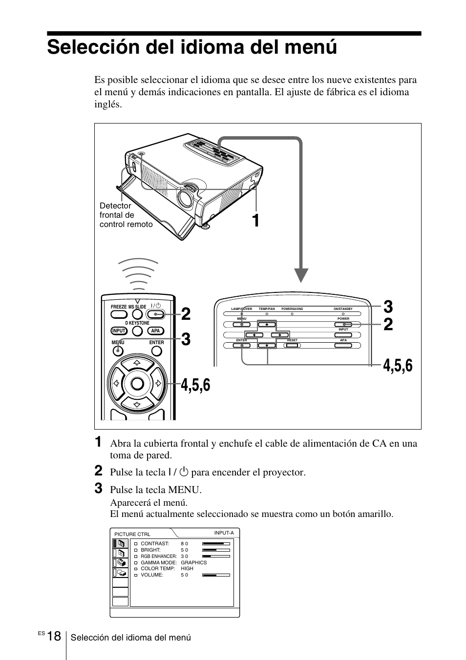 Selección del idioma del menú, Pulse la tecla i, Para encender el proyector | Pulse la tecla menu | Sony VPD-MX10 User Manual | Page 102 / 128