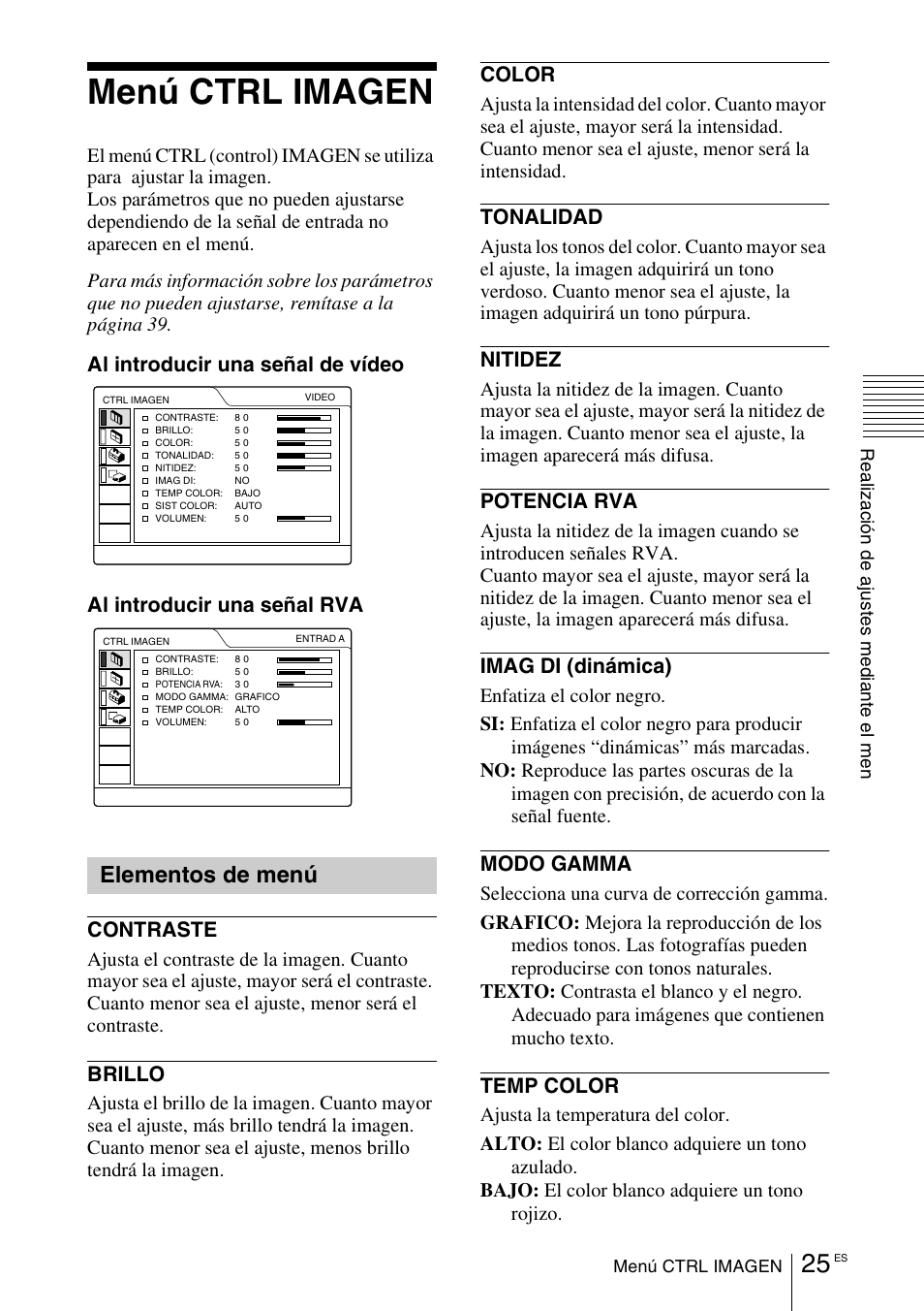 Menú ctrl imagen, Elementos de menú | Sony VPD-MX10 User Manual | Page 109 / 128