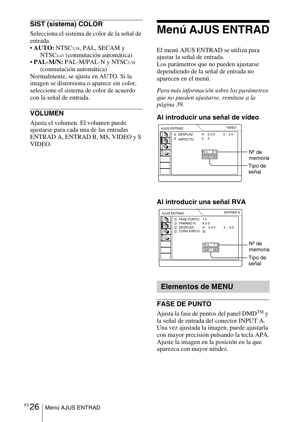 Menú ajus entrad, Elementos de menu, Sist (sistema) color | Volumen, Pal, secam y ntsc, Ajusta la fase de puntos del panel dmd | Sony VPD-MX10 User Manual | Page 110 / 128