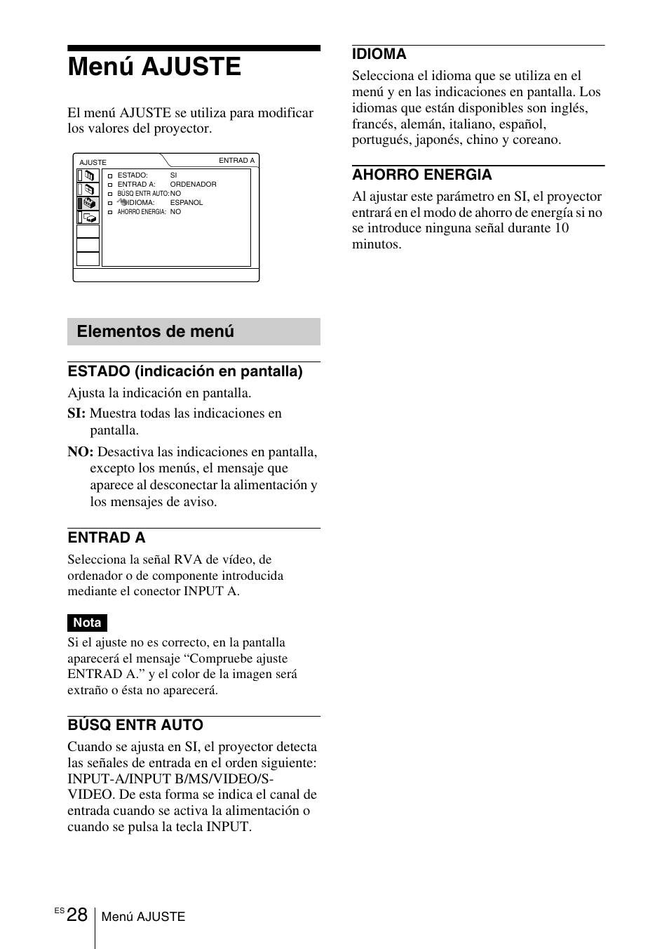 Menú ajuste, Elementos de menú | Sony VPD-MX10 User Manual | Page 112 / 128