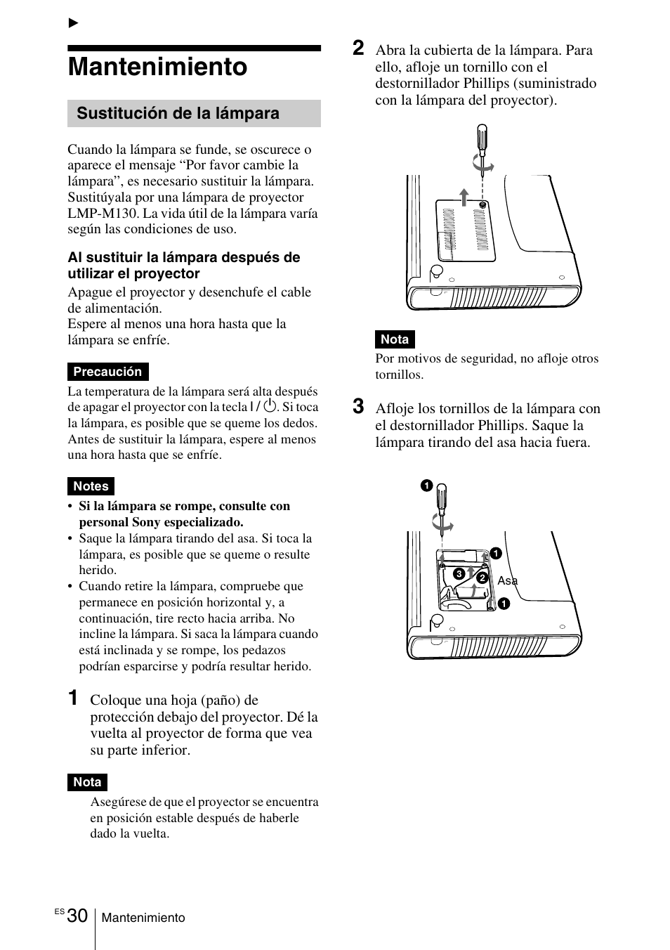 Mantenimiento, Sustitución de la lámpara | Sony VPD-MX10 User Manual | Page 114 / 128