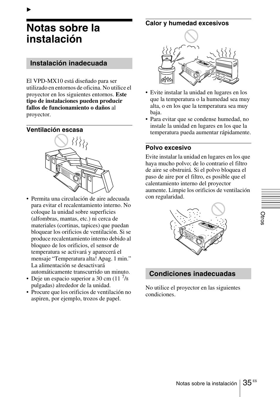 Otros, Notas sobre la instalación, Instalación inadecuada | Condiciones inadecuadas | Sony VPD-MX10 User Manual | Page 119 / 128