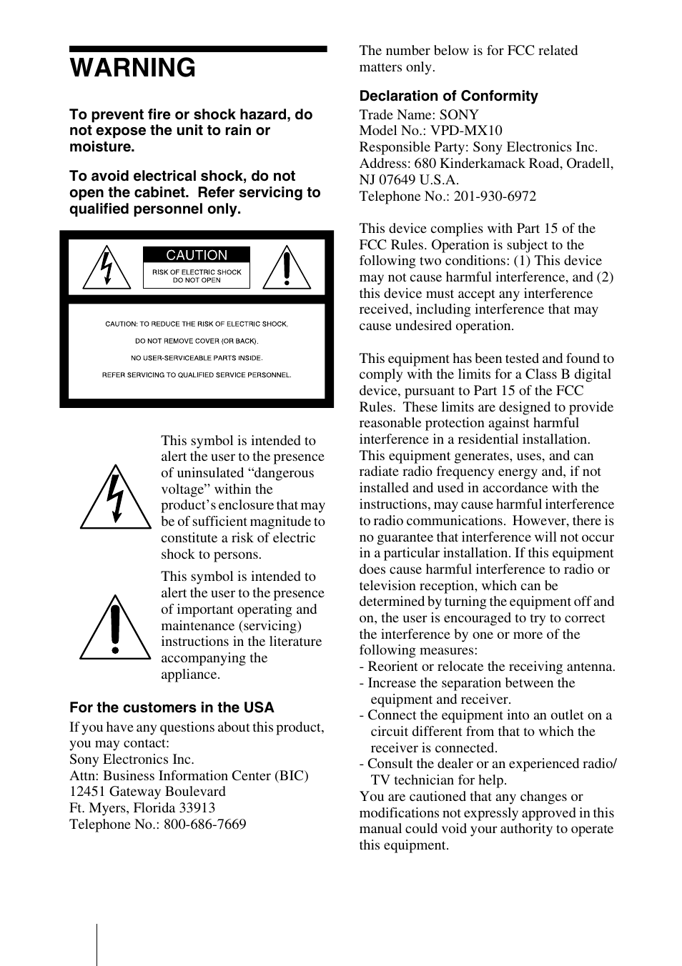 Warning | Sony VPD-MX10 User Manual | Page 2 / 128