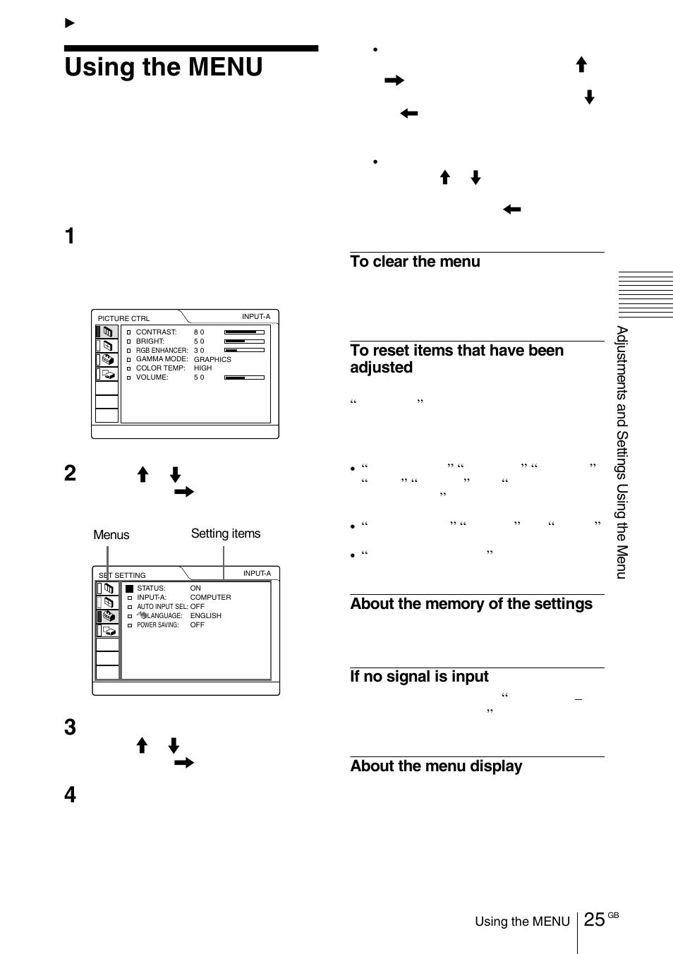 Adjustments and settings using the menu, Using the menu | Sony VPD-MX10 User Manual | Page 25 / 128