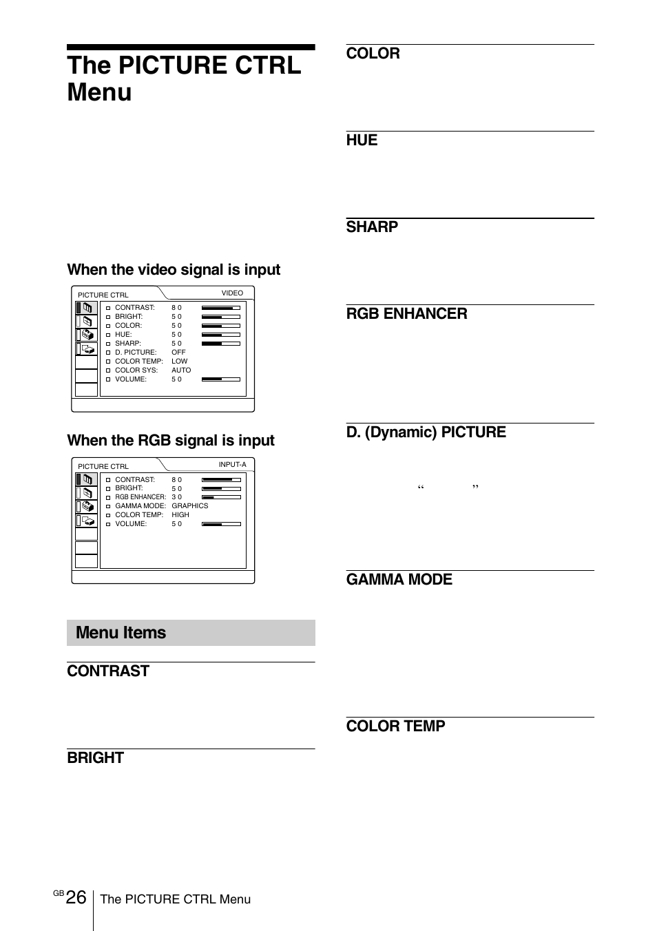 The picture ctrl menu, Menu items | Sony VPD-MX10 User Manual | Page 26 / 128