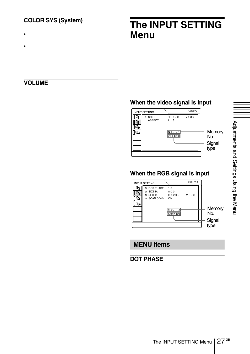 The input setting menu, Menu items, Color sys (system) | Volume | Sony VPD-MX10 User Manual | Page 27 / 128