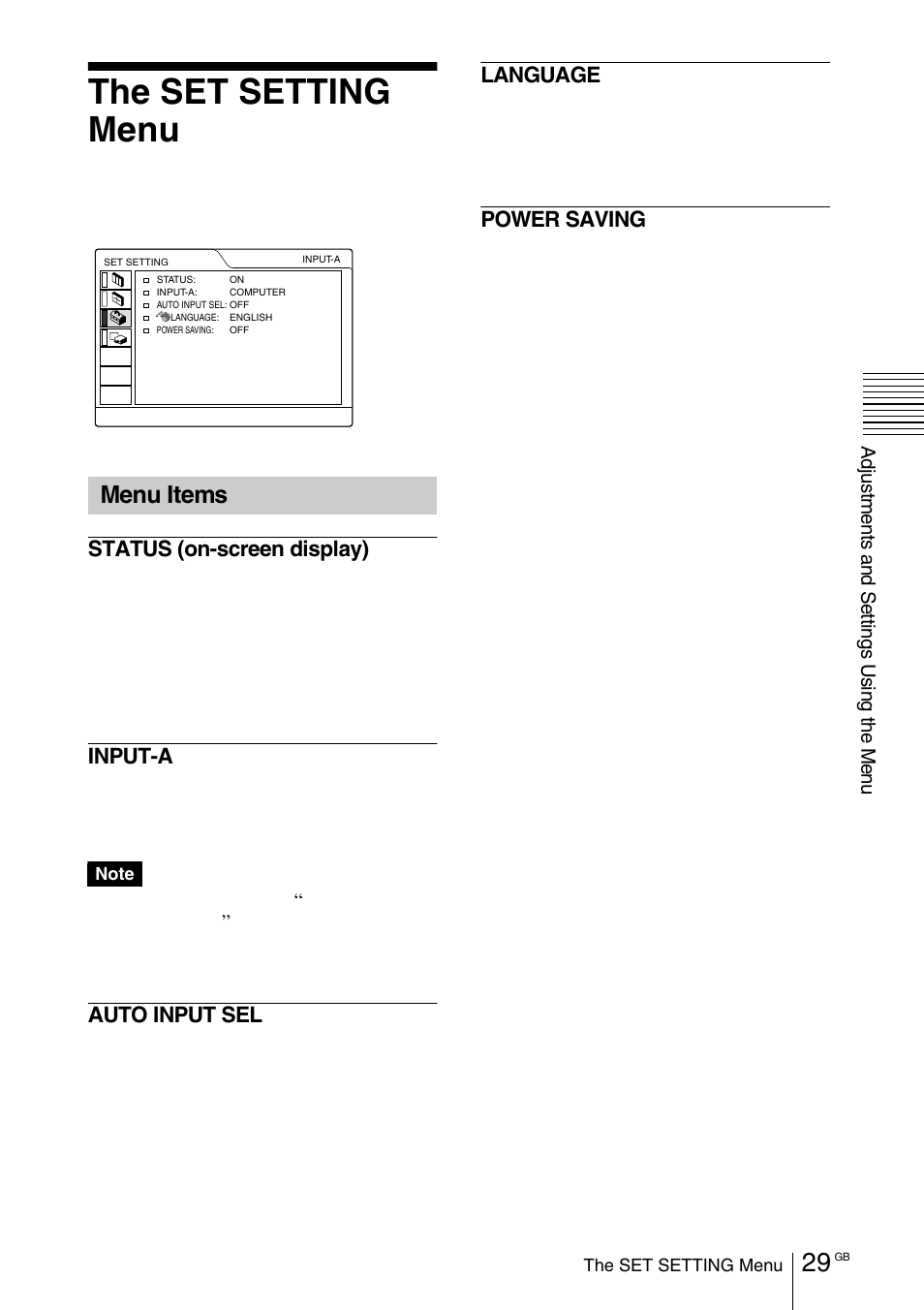 The set setting menu, Menu items | Sony VPD-MX10 User Manual | Page 29 / 128