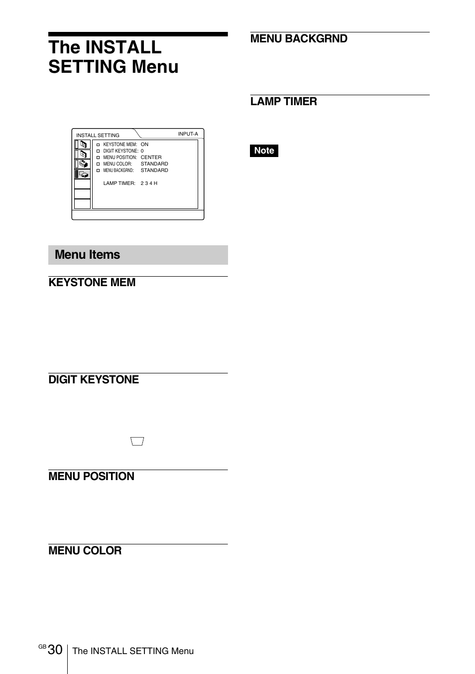 The install setting menu, Menu items | Sony VPD-MX10 User Manual | Page 30 / 128