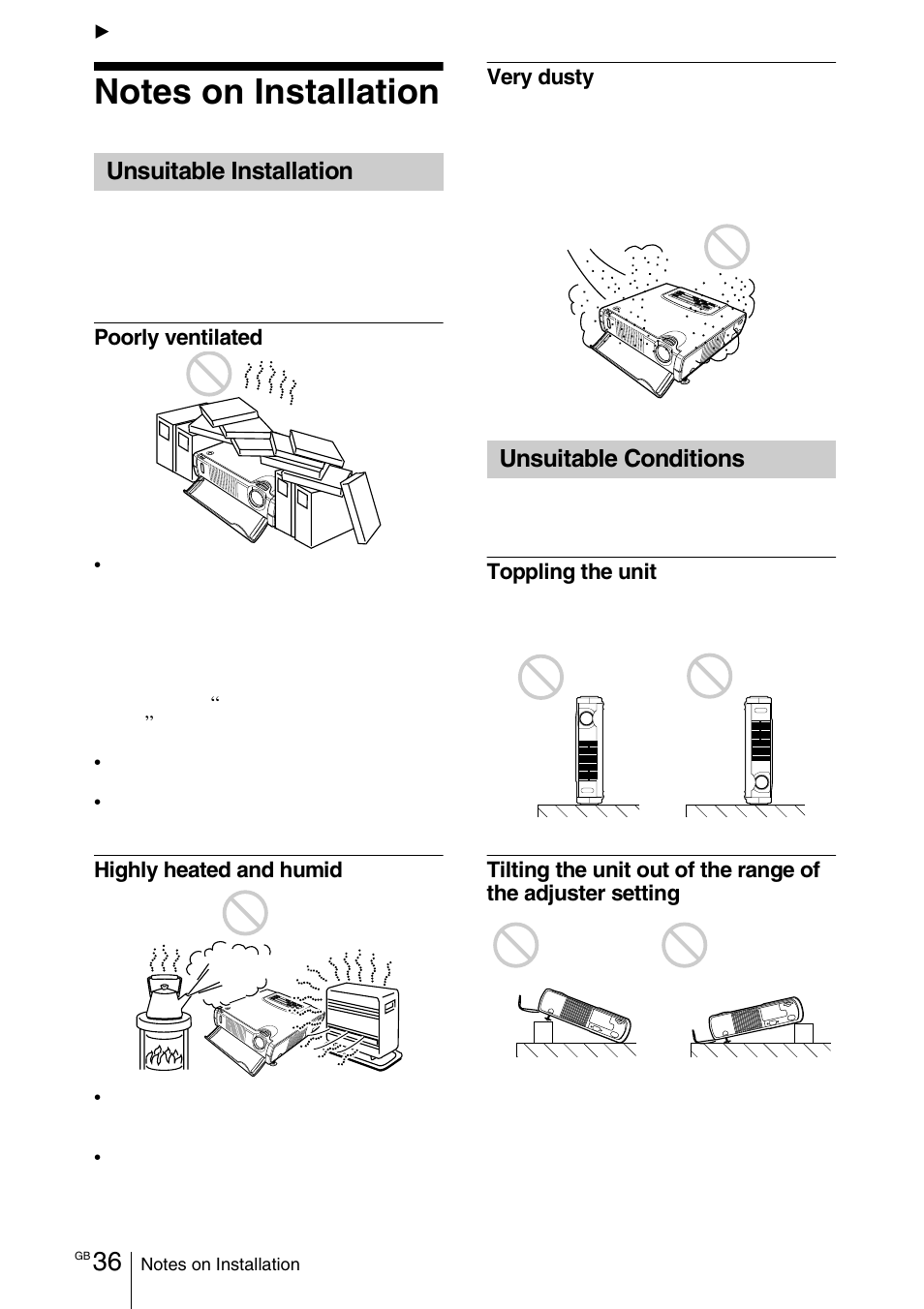 Other, Notes on installation, Unsuitable installation | Unsuitable conditions, Unsuitable installation unsuitable conditions | Sony VPD-MX10 User Manual | Page 36 / 128