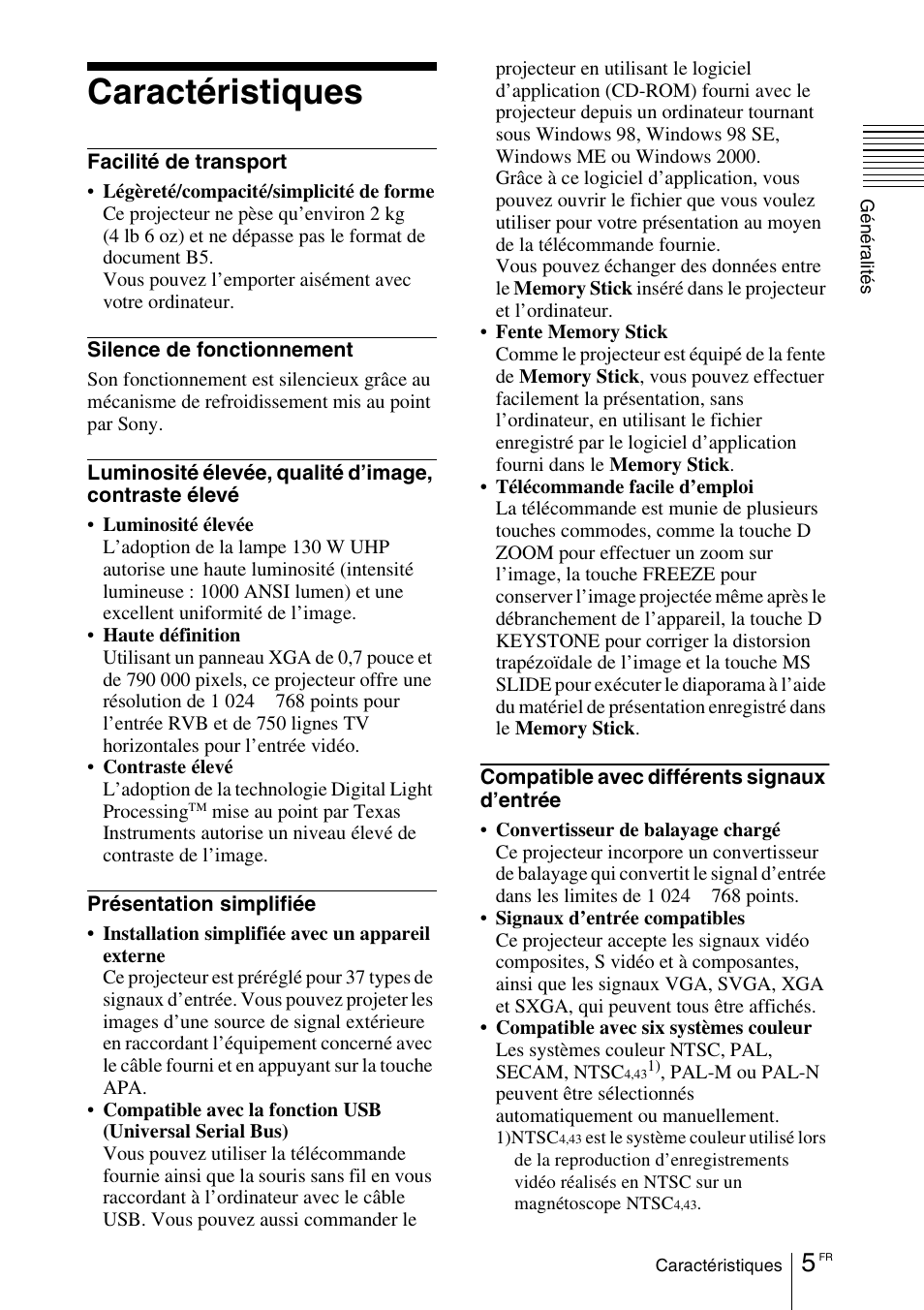 Caractéristiques | Sony VPD-MX10 User Manual | Page 47 / 128