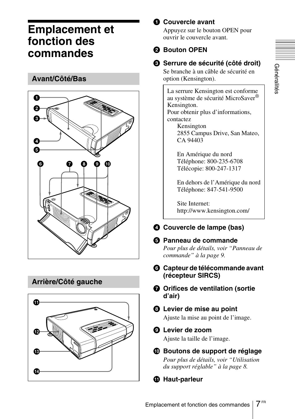 Emplacement et fonction des commandes, Avant/côté/bas, Arrière/côté gauche | Sony VPD-MX10 User Manual | Page 49 / 128