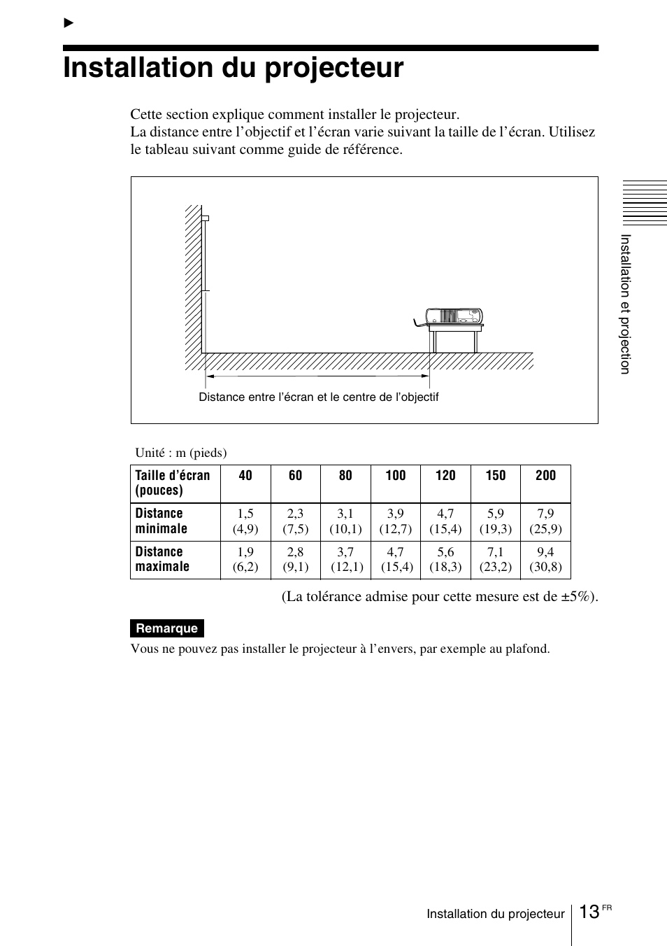 Installation et projection, Installation du projecteur | Sony VPD-MX10 User Manual | Page 55 / 128