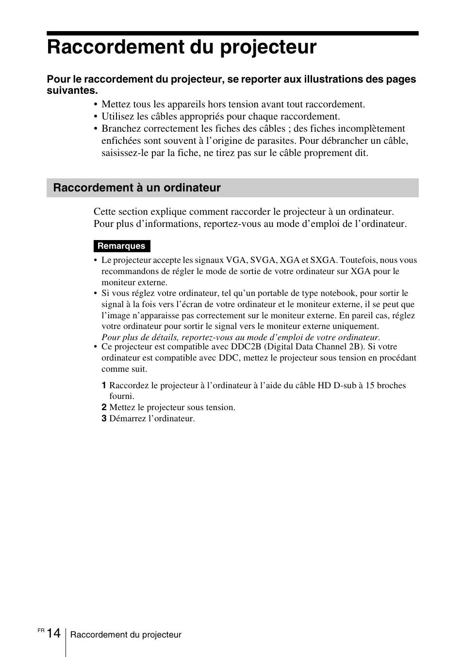 Raccordement du projecteur, Raccordement à un ordinateur | Sony VPD-MX10 User Manual | Page 56 / 128