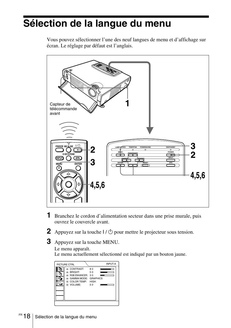 Sélection de la langue du menu, Appuyez sur la touche i, Pour mettre le projecteur sous tension | Appuyez sur la touche menu | Sony VPD-MX10 User Manual | Page 60 / 128