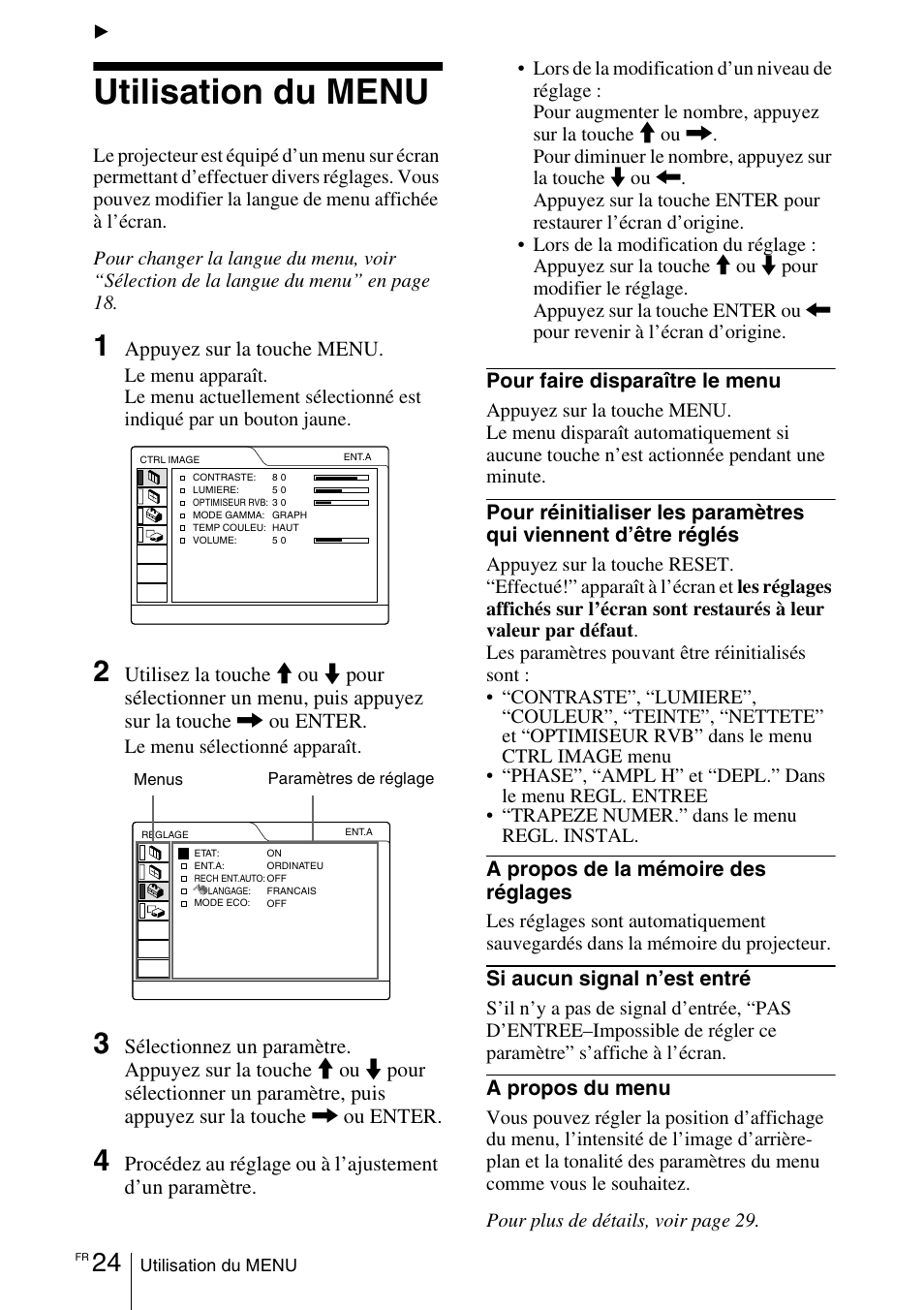 Réglages à l’aide du menu, Utilisation du menu | Sony VPD-MX10 User Manual | Page 66 / 128