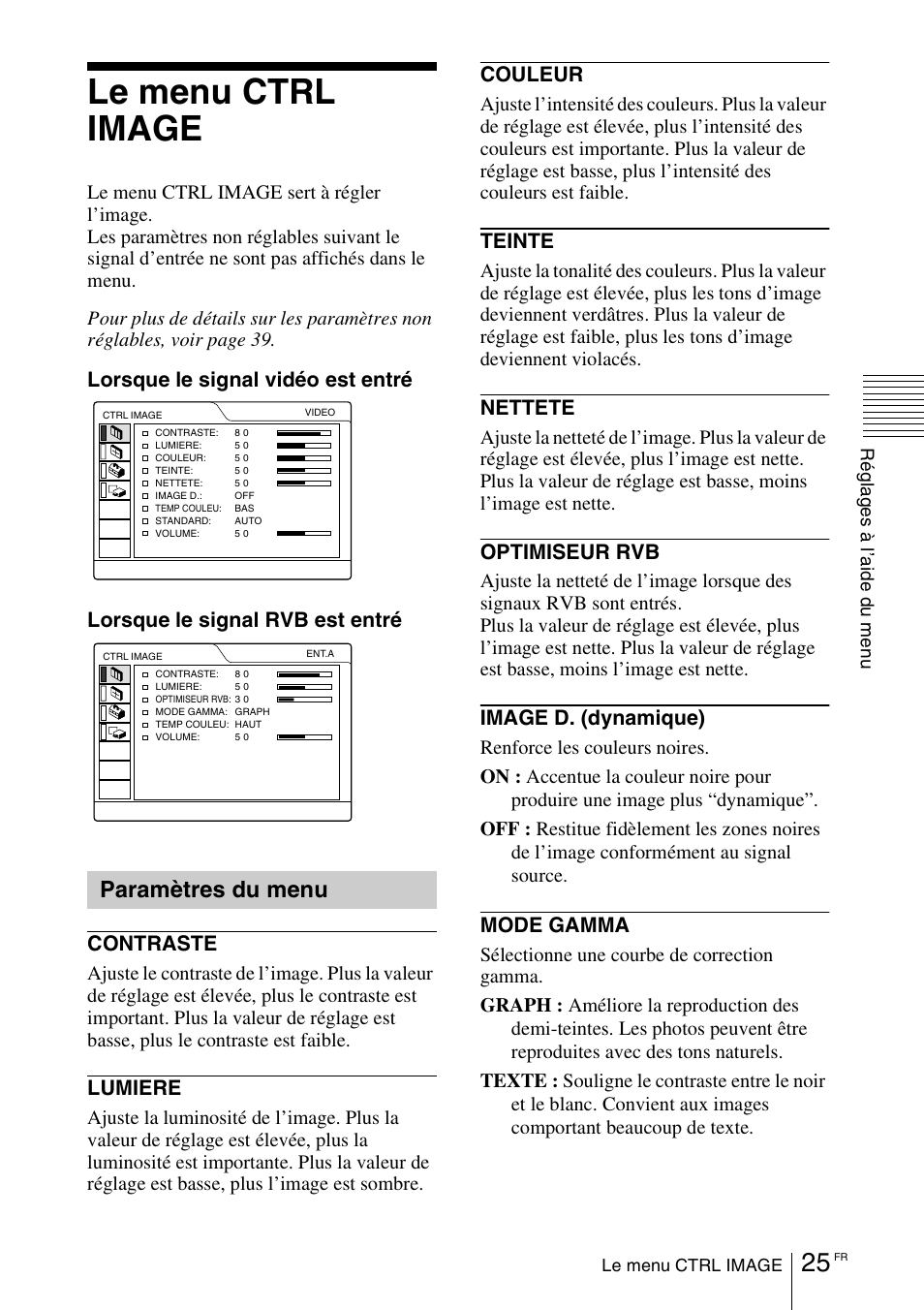 Le menu ctrl image, Paramètres du menu | Sony VPD-MX10 User Manual | Page 67 / 128