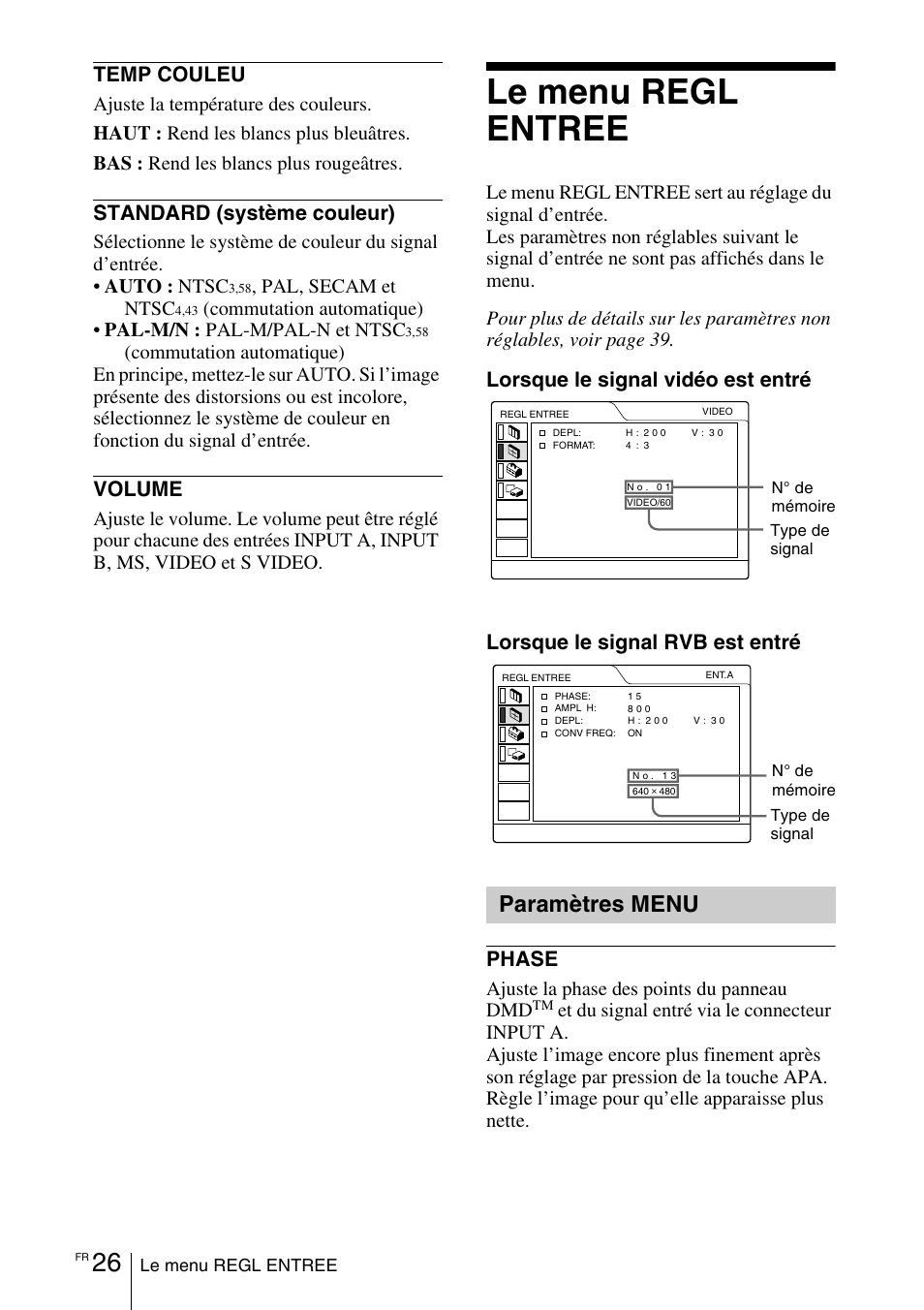 Le menu regl entree, Paramètres menu, Temp couleu | Standard (système couleur), Volume | Sony VPD-MX10 User Manual | Page 68 / 128