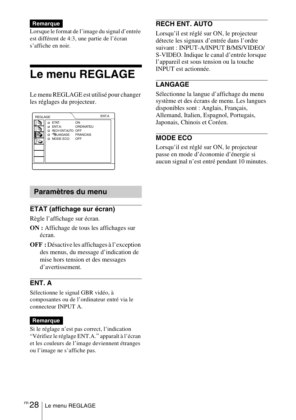 Le menu reglage, Paramètres du menu | Sony VPD-MX10 User Manual | Page 70 / 128